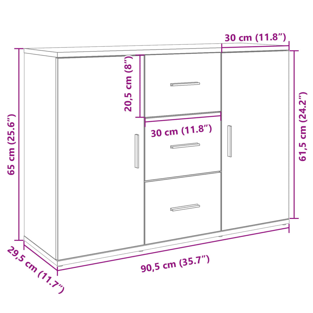 vidaXL Aparador madera de ingeniería gris hormigón 90,5x29,5x65 cm