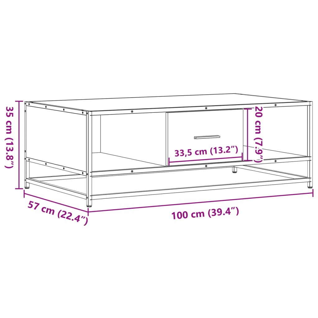 vidaXL Mesa de centro de madera ingeniería y metal negro 100x57x35 cm