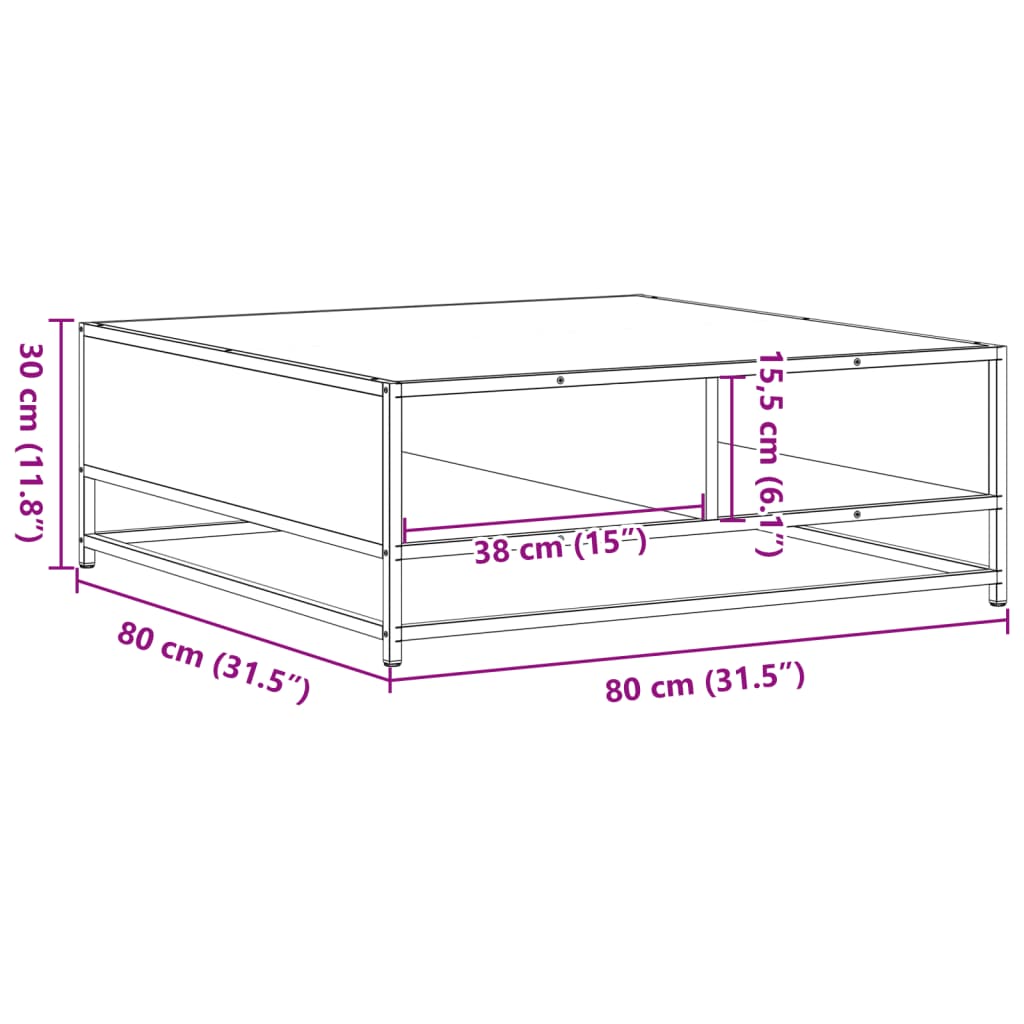 vidaXL Mesa de centro madera de ingeniería y metal negro 80x80x30 cm