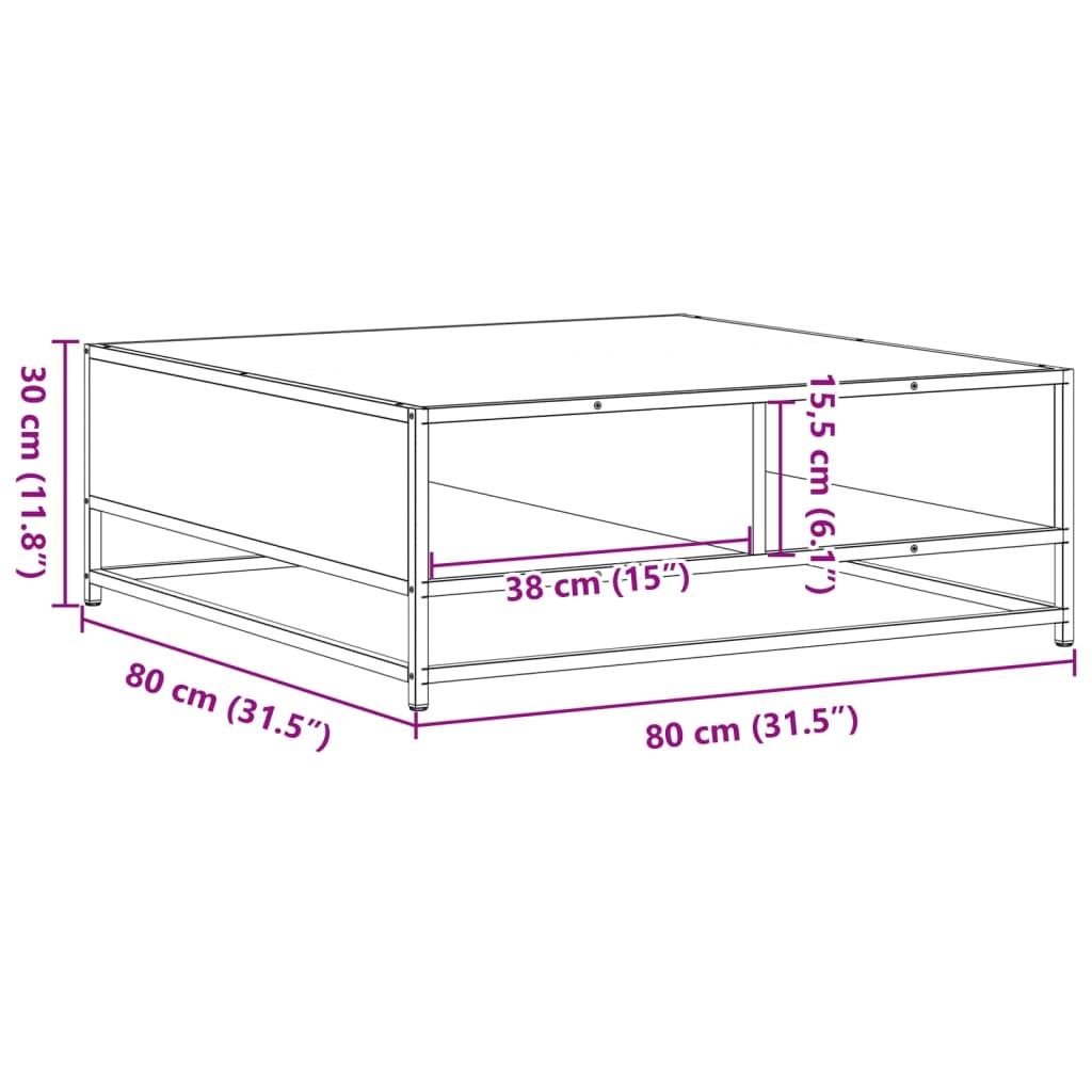 vidaXL Mesa de centro madera ingeniería metal roble Sonoma 80x80x30 cm