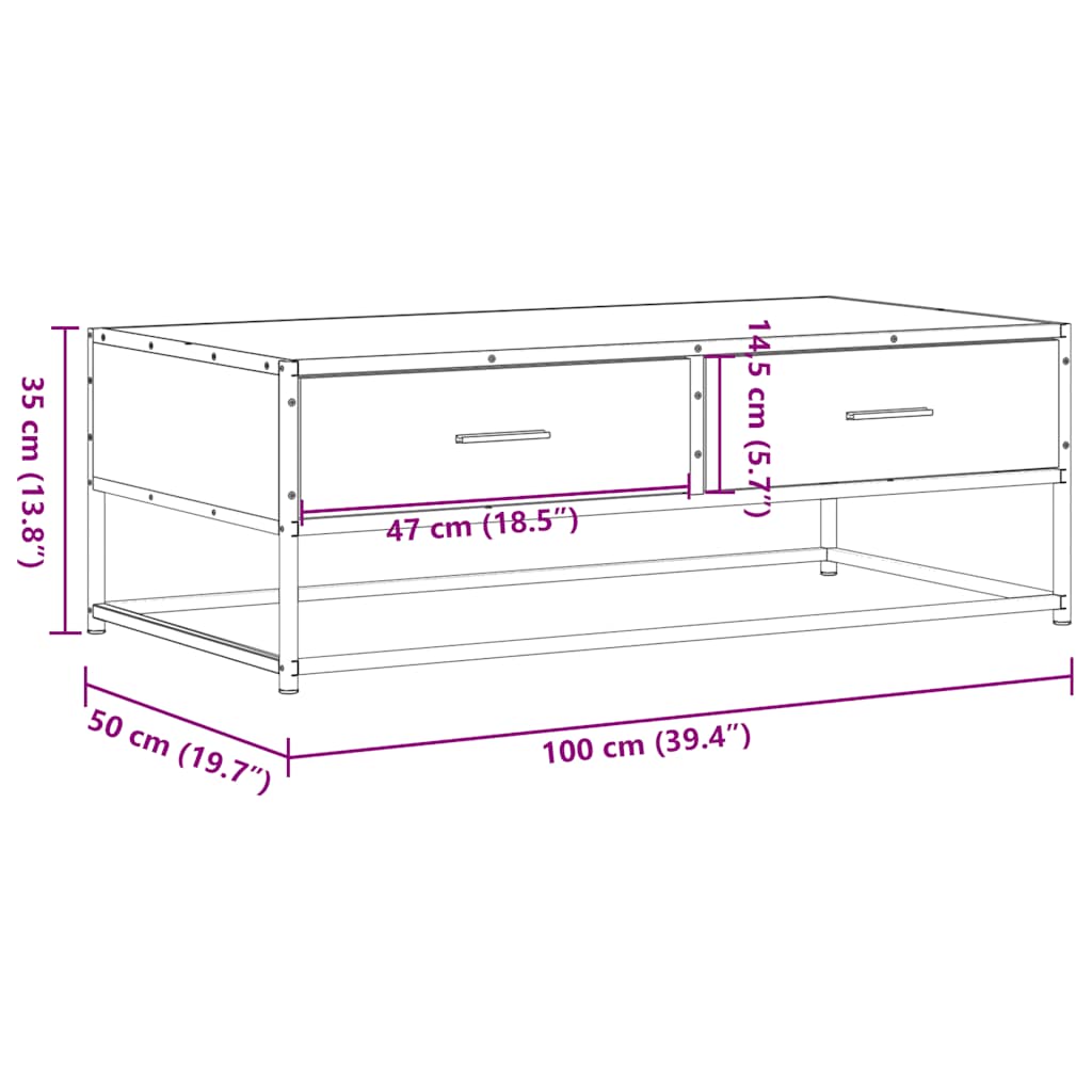 vidaXL Mesa de centro madera ingeniería metal gris Sonoma 100x50x35 cm