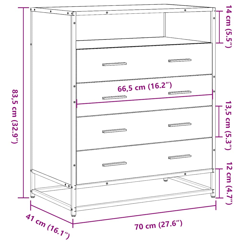 vidaXL Cajonera de madera contrachapada negro 70x41x83,5 cm