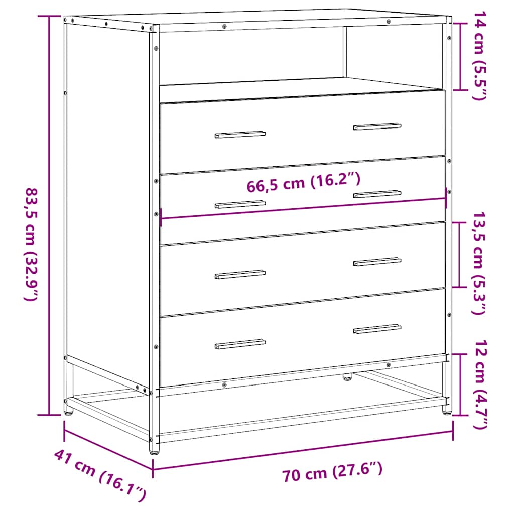 vidaXL Cajonera de madera contrachapada gris sonoma 70x41x83,5 cm