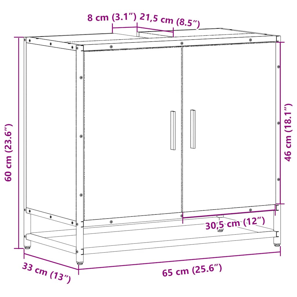 vidaXL Armario de lavabo de baño madera roble Sonoma 65x33x60 cm