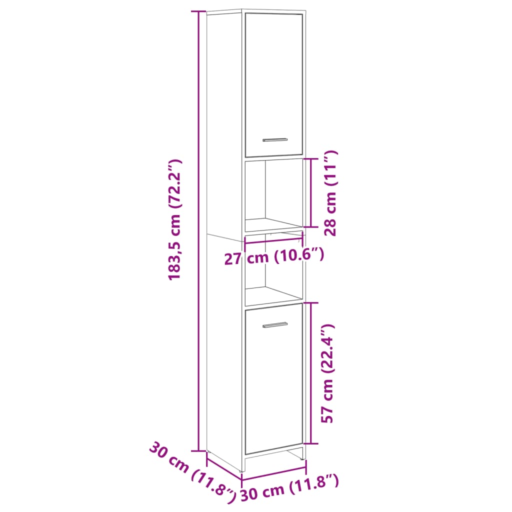 vidaXL Armario de baño madera contrachapada color roble 30x30x183,5 cm