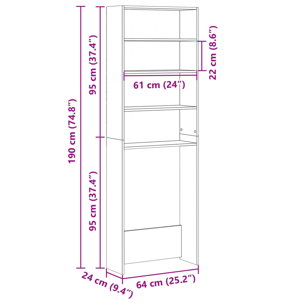 vidaXL Armario de lavadora madera ingeniería roble Sonoma 64x24x190 cm