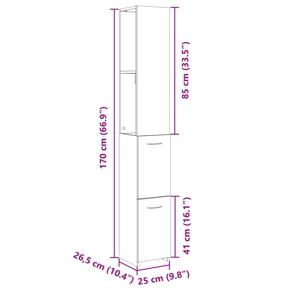 vidaXL Armario de baño madera contrachapada roble Sonoma 25x26,5x170cm