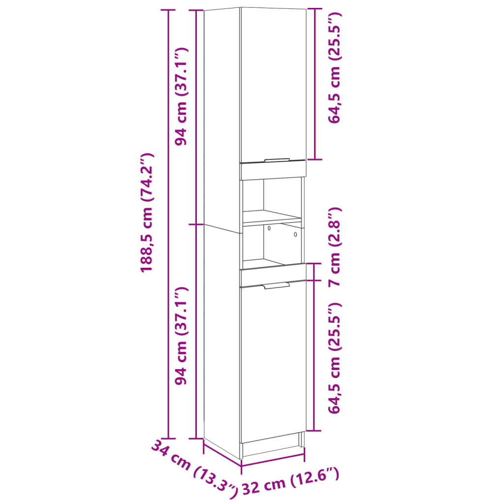 vidaXL Armario de baño madera ingeniería roble Sonoma 32x34x188,5 cm