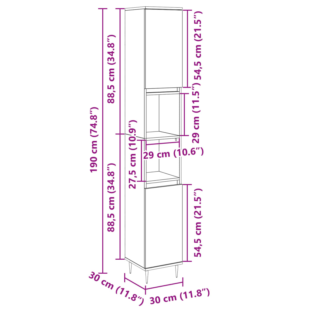 vidaXL Armario de baño madera contrachapada roble Sonoma 30x30x190 cm