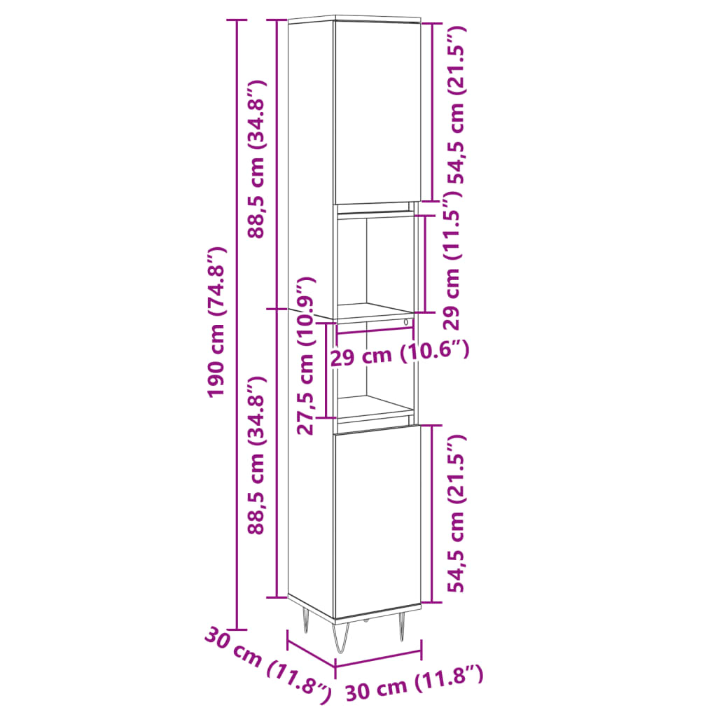 vidaXL Armario de baño madera contrachapada roble Sonoma 30x30x190 cm