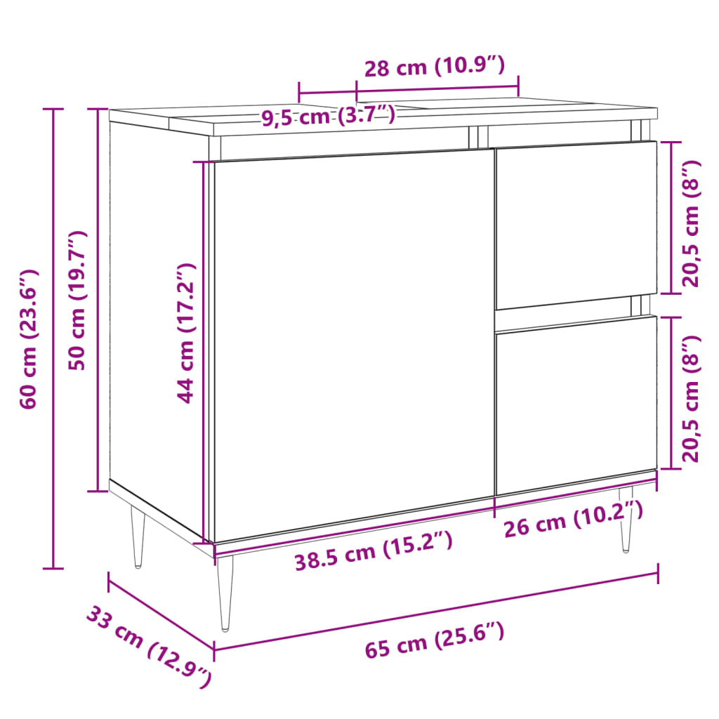 vidaXL Armario de lavabo de baño madera roble Sonoma 65x33x60 cm