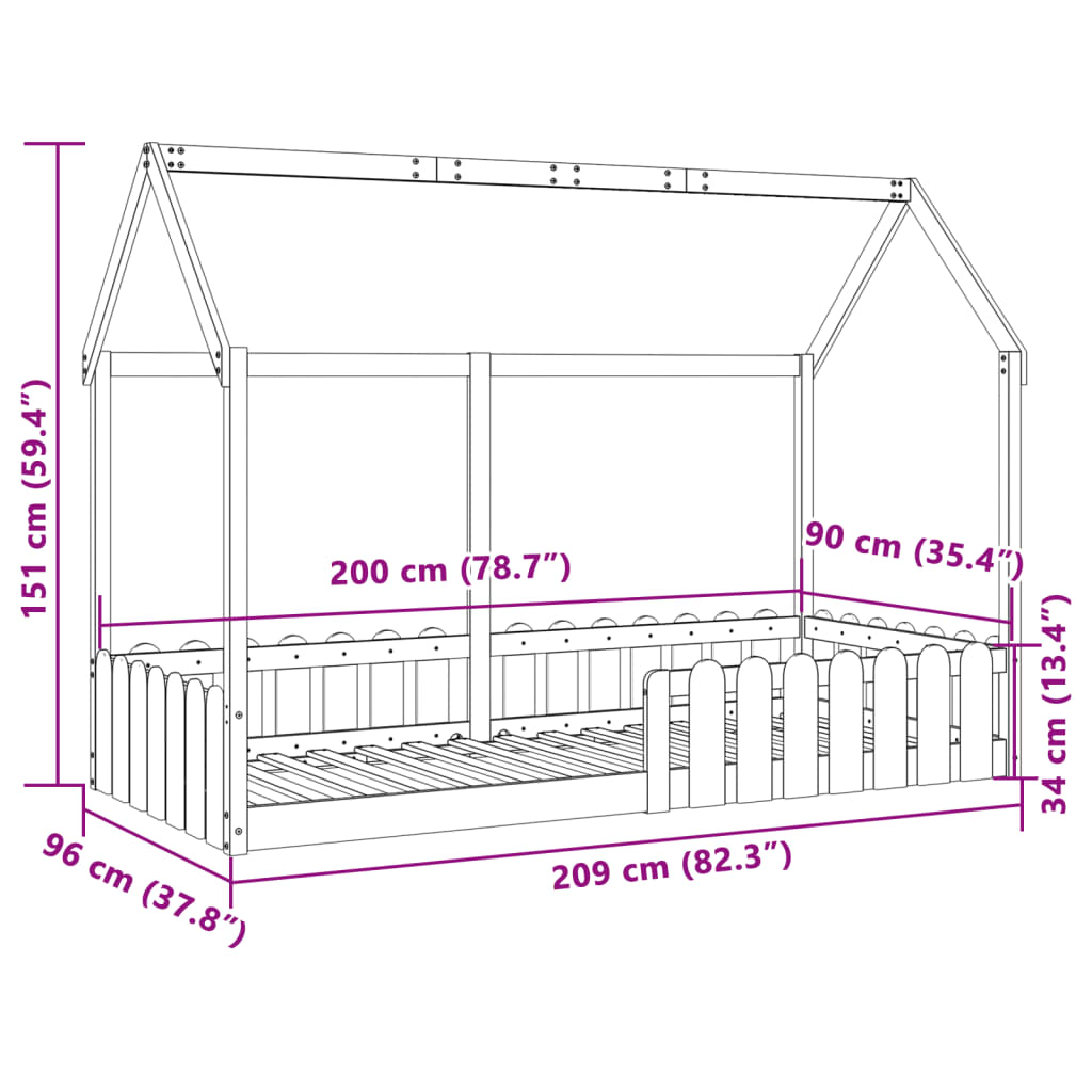 vidaXL Cama con forma de casa para niños madera maciza pino 90x200 cm