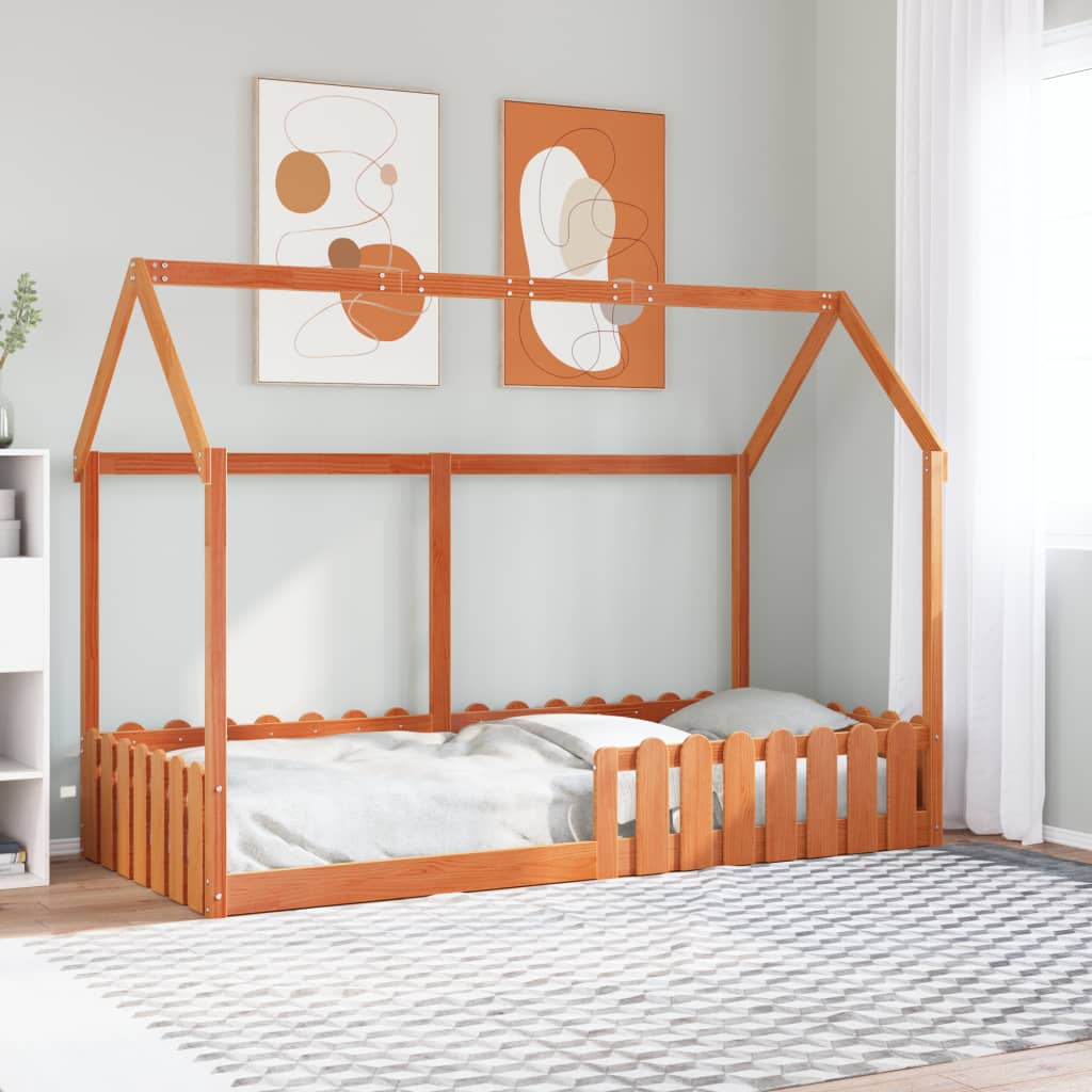 vidaXL Cama con forma de casa de niños madera maciza marrón 90x200 cm