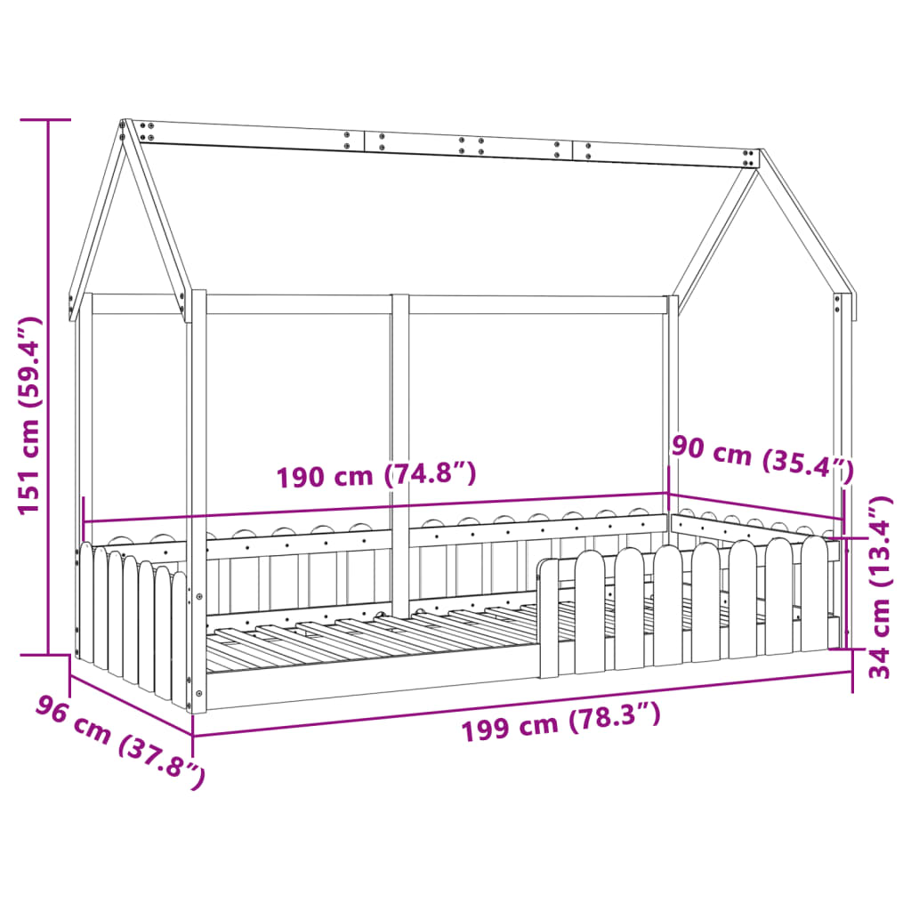 vidaXL Cama con forma de casa para niños madera maciza pino 90x190 cm