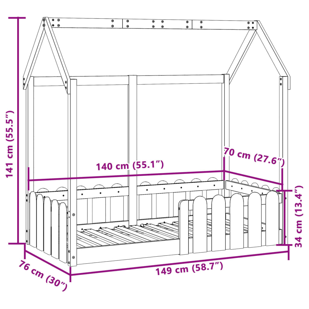 vidaXL Cama con forma de casa de niños madera maciza marrón 70x140 cm