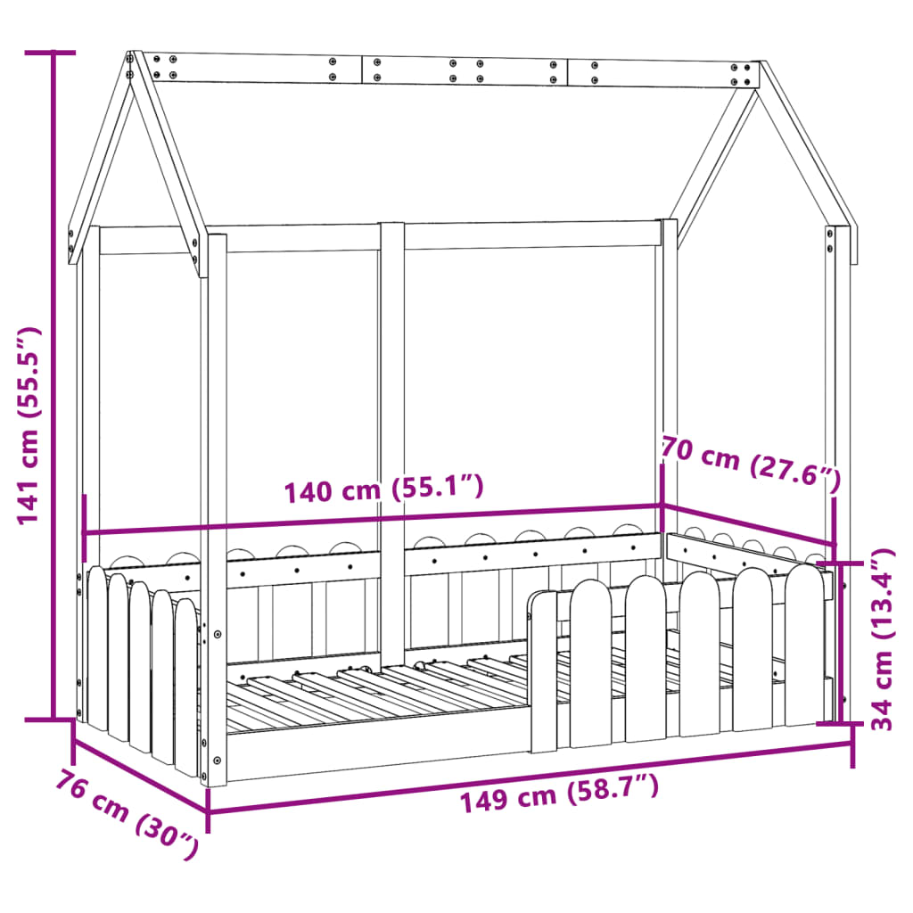 vidaXL Cama con forma de casa para niños madera maciza blanco 70x140cm