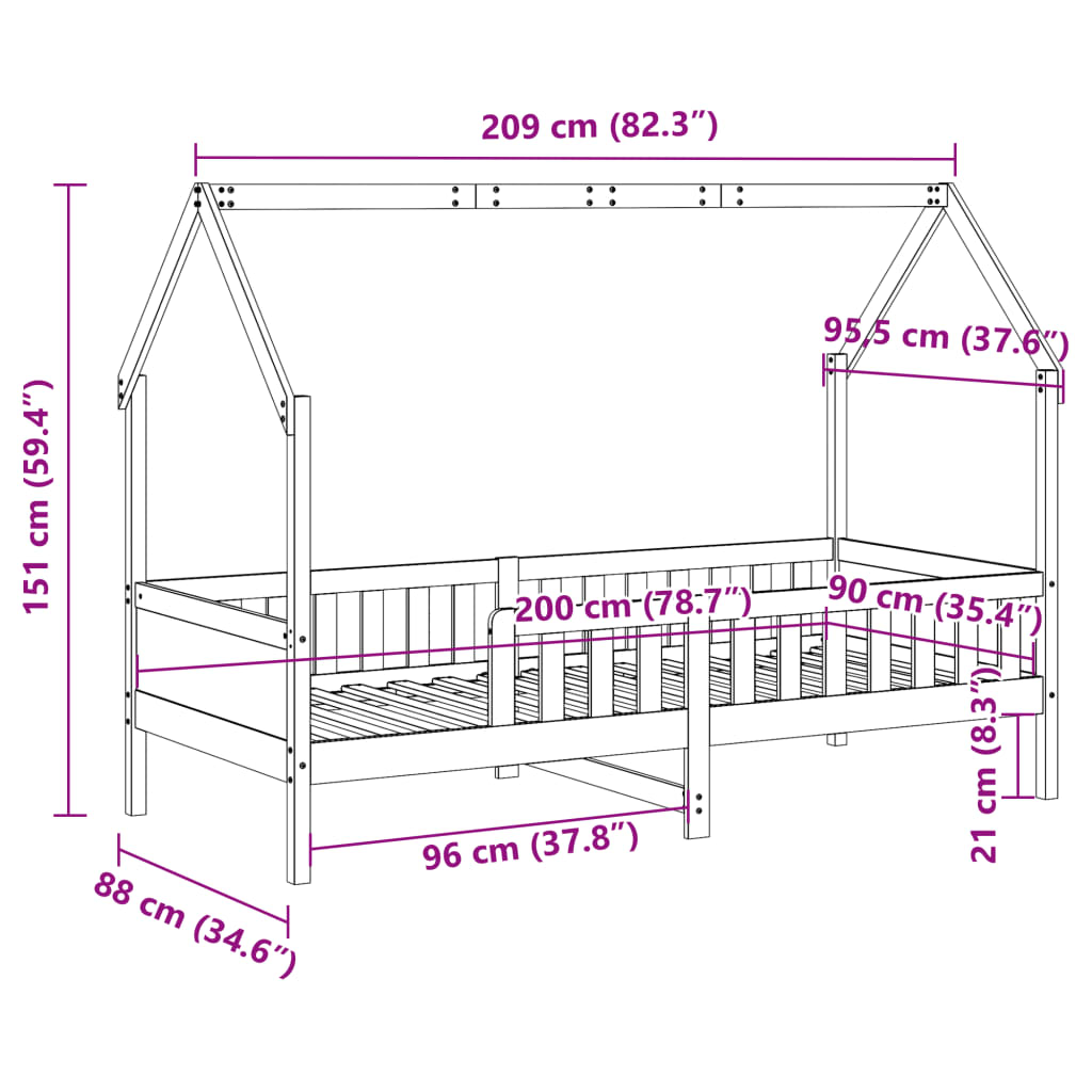 vidaXL Cama con forma de casa para niños madera maciza pino 90x200 cm