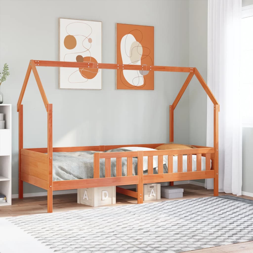 vidaXL Cama con forma de casa de niños madera maciza marrón 90x200 cm