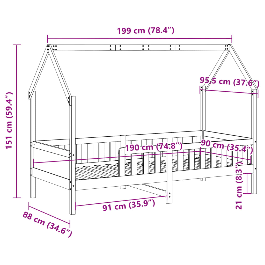 vidaXL Cama con forma de casa de niños madera maciza blanca 90x190 cm