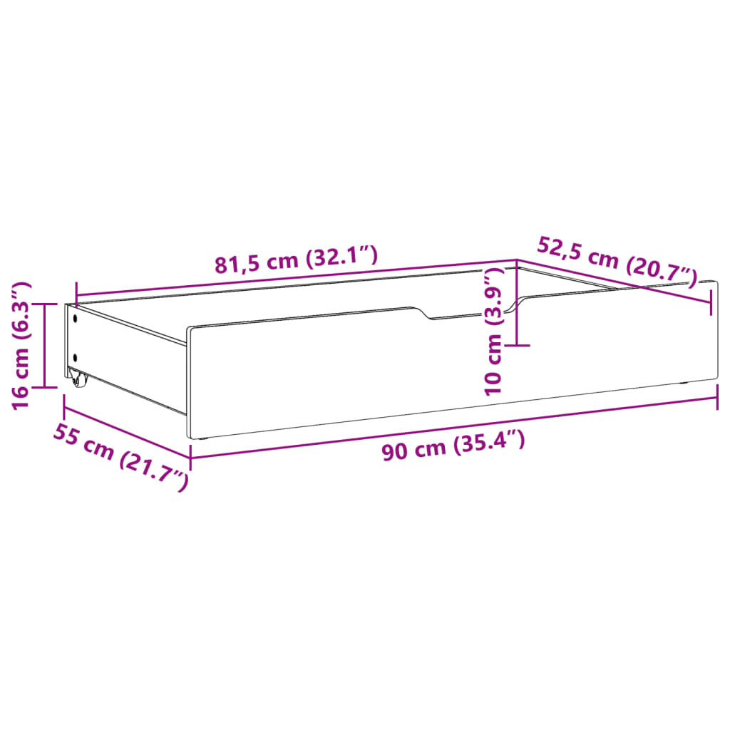 vidaXL Cajones debajo de cama con ruedas 2 uds madera maciza de pino