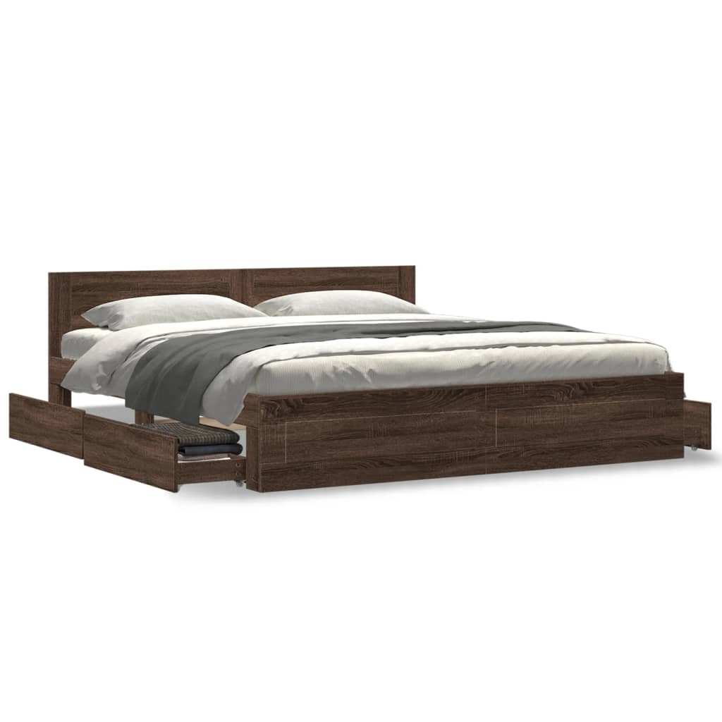 vidaXL Cama con cabecero madera ingeniería marrón roble 200x200 cm