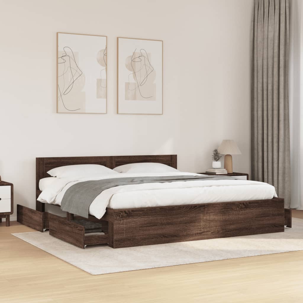 vidaXL Cama con cabecero madera ingeniería marrón roble 200x200 cm