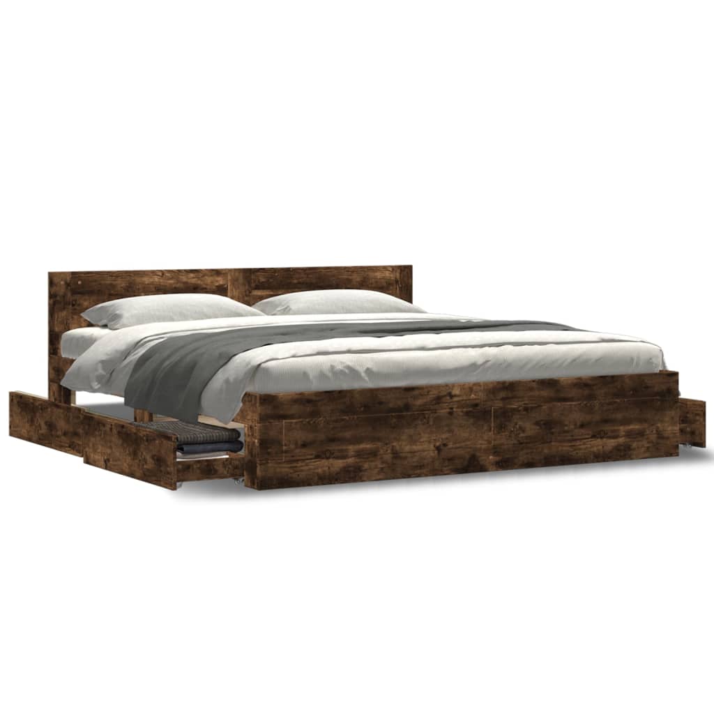 vidaXL Cama con cabecero madera de ingeniería roble ahumado 180x200 cm