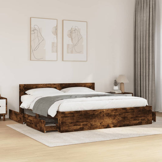 vidaXL Cama con cabecero madera de ingeniería roble ahumado 180x200 cm