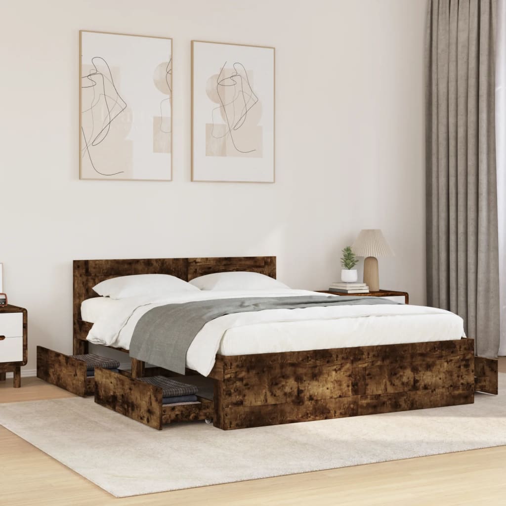 vidaXL Cama con cabecero madera de ingeniería roble ahumado 140x200 cm