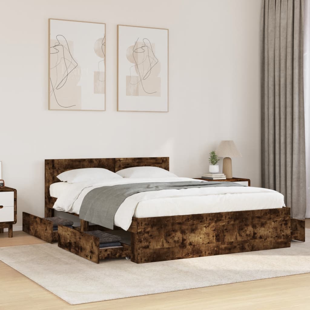 vidaXL Cama con cabecero madera de ingeniería roble ahumado 120x200 cm