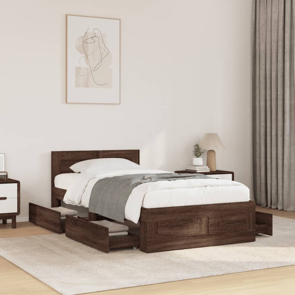 vidaXL Cama con cabecero madera de ingeniería marrón roble 100x200 cm