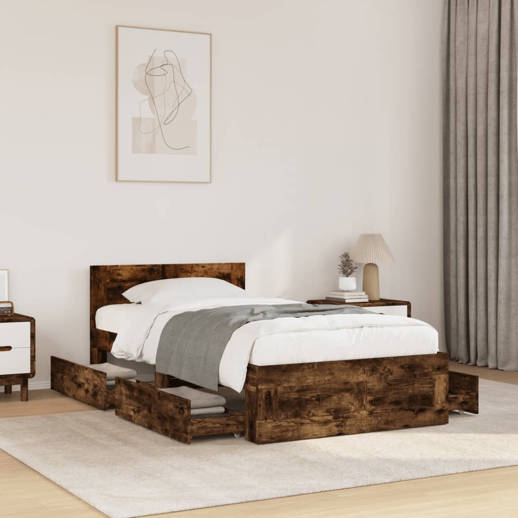 vidaXL Cama con cabecero madera de ingeniería roble ahumado 90x200 cm