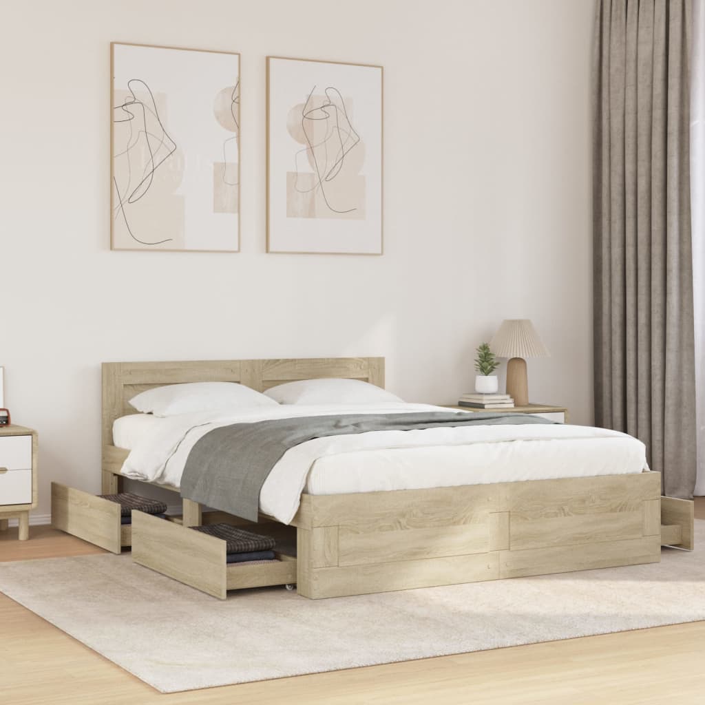 vidaXL Cama con cabecero madera de ingeniería roble Sonoma 135x190 cm