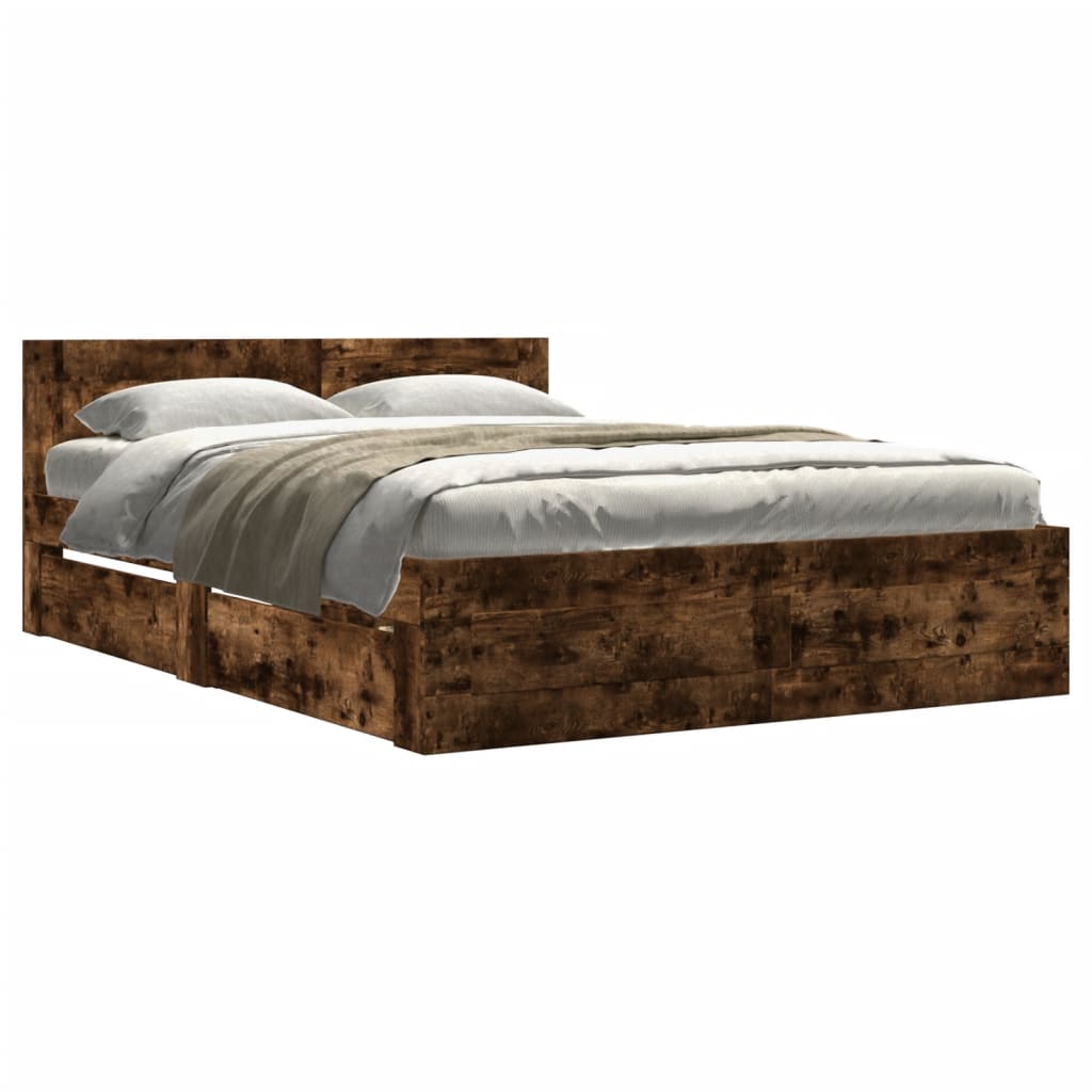 vidaXL Cama con cabecero madera de ingeniería roble ahumado 135x190 cm