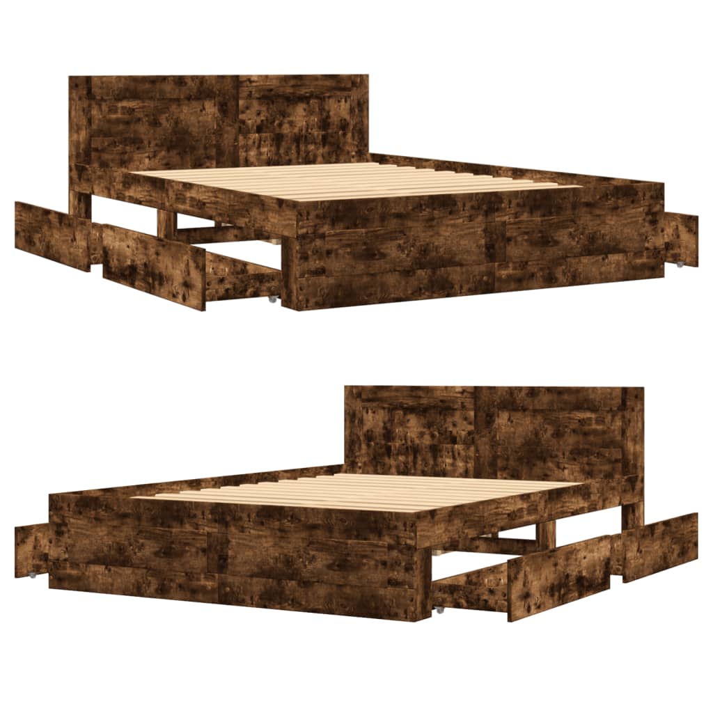 vidaXL Cama con cabecero madera de ingeniería roble ahumado 135x190 cm