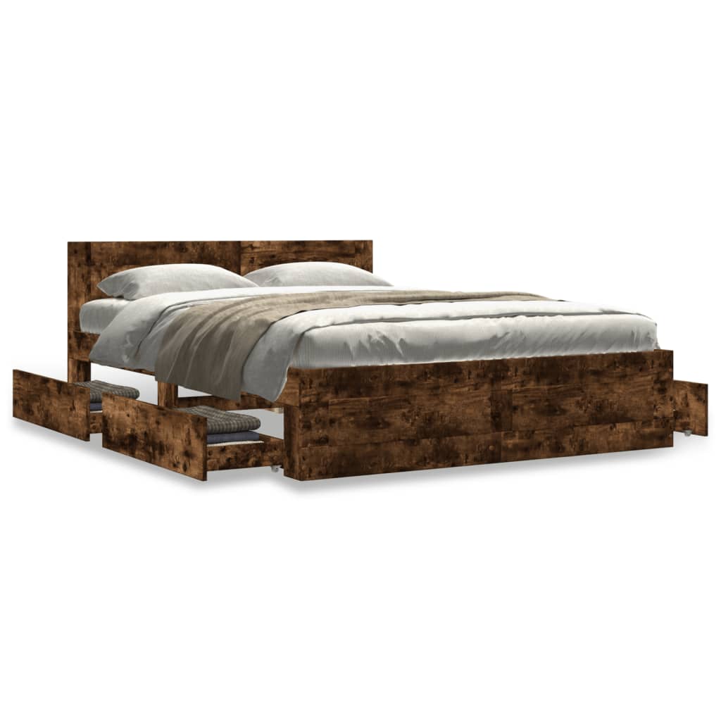 vidaXL Cama con cabecero madera de ingeniería roble ahumado 135x190 cm