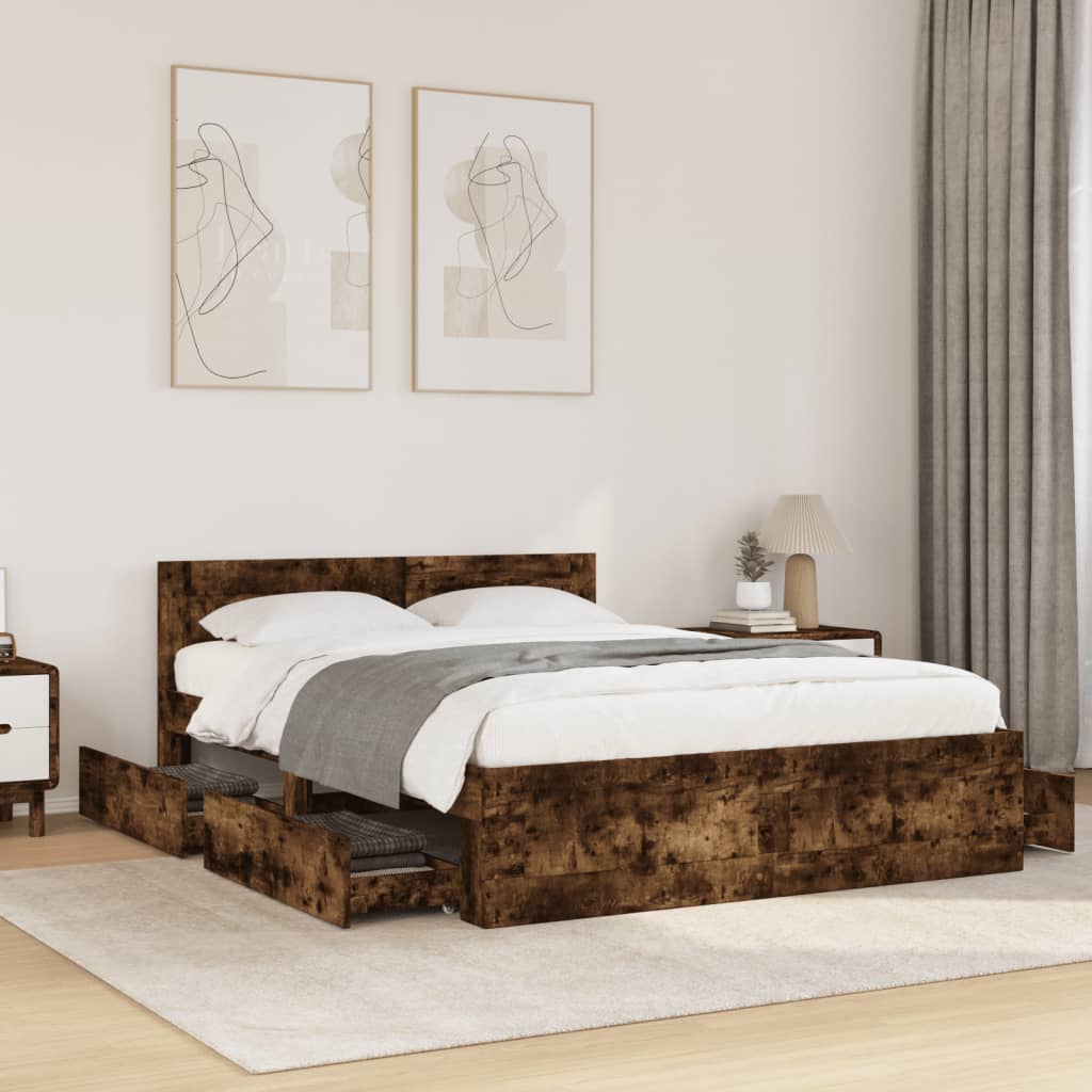 vidaXL Cama con cabecero madera de ingeniería roble ahumado 120x190 cm