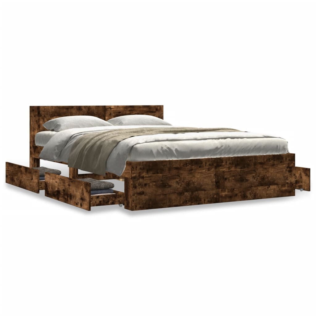 vidaXL Cama con cabecero madera de ingeniería roble ahumado 120x190 cm