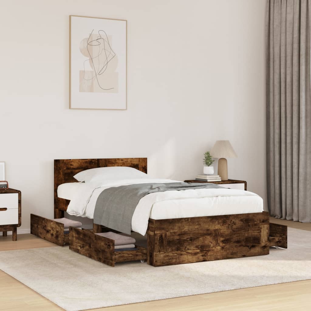 vidaXL Cama con cabecero madera de ingeniería roble ahumado 90x190 cm