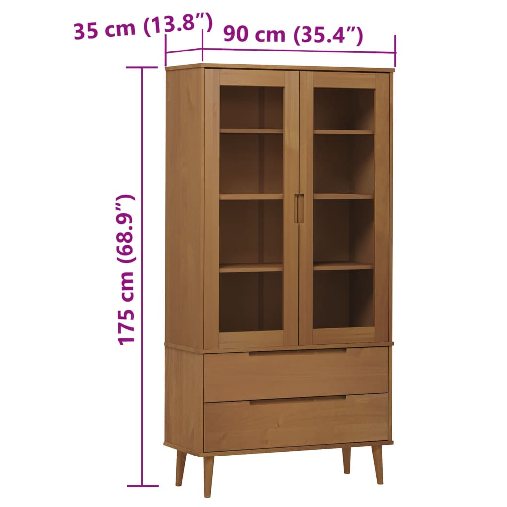 vidaXL Mueble vitrina MOLDE madera maciza de pino marrón 90x35x175 cm