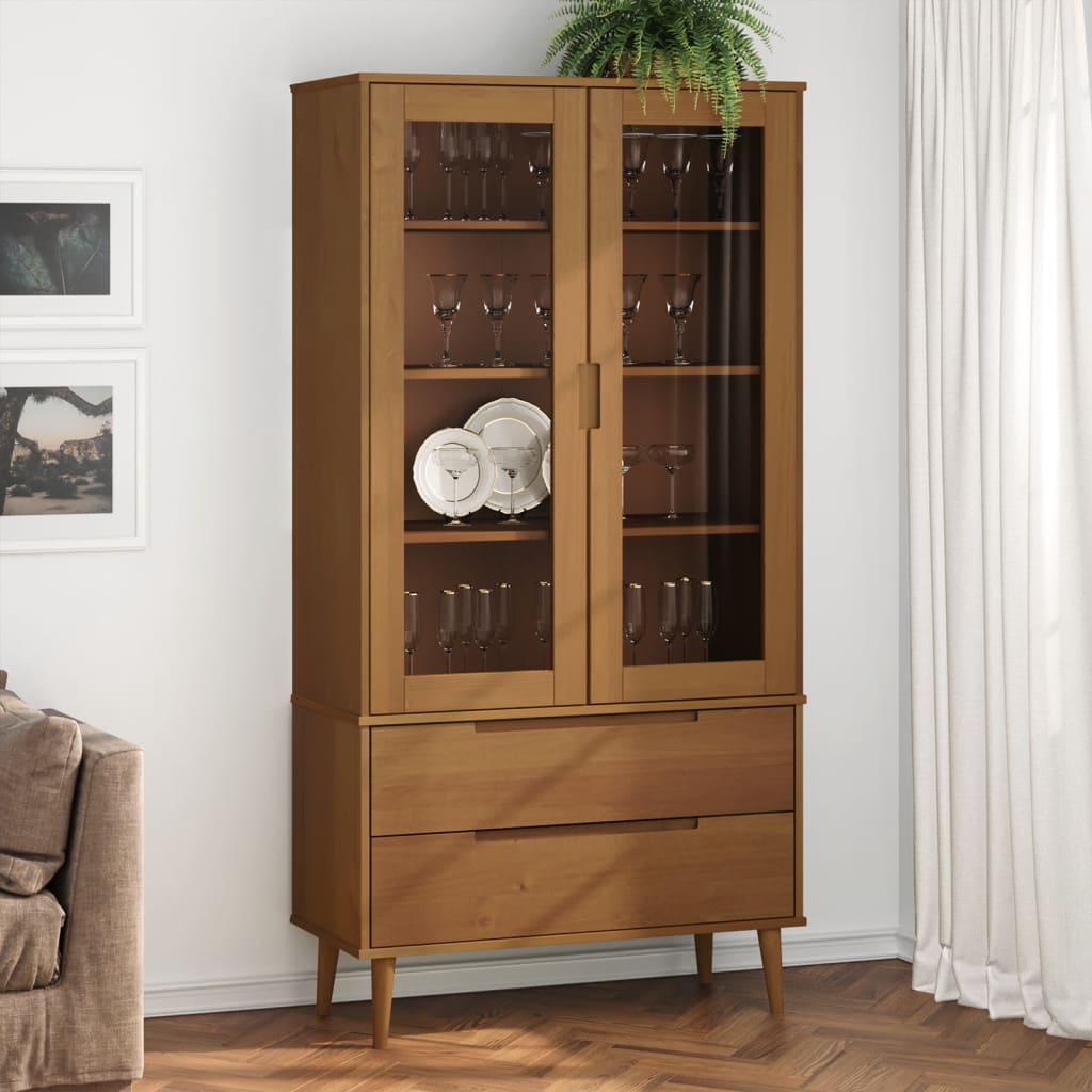 vidaXL Mueble vitrina MOLDE madera maciza de pino marrón 90x35x175 cm