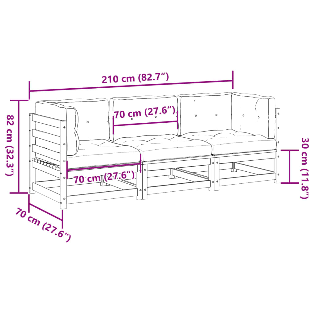 vidaXL Set de sofás de jardín 3 pzas con cojines madera maciza de pino