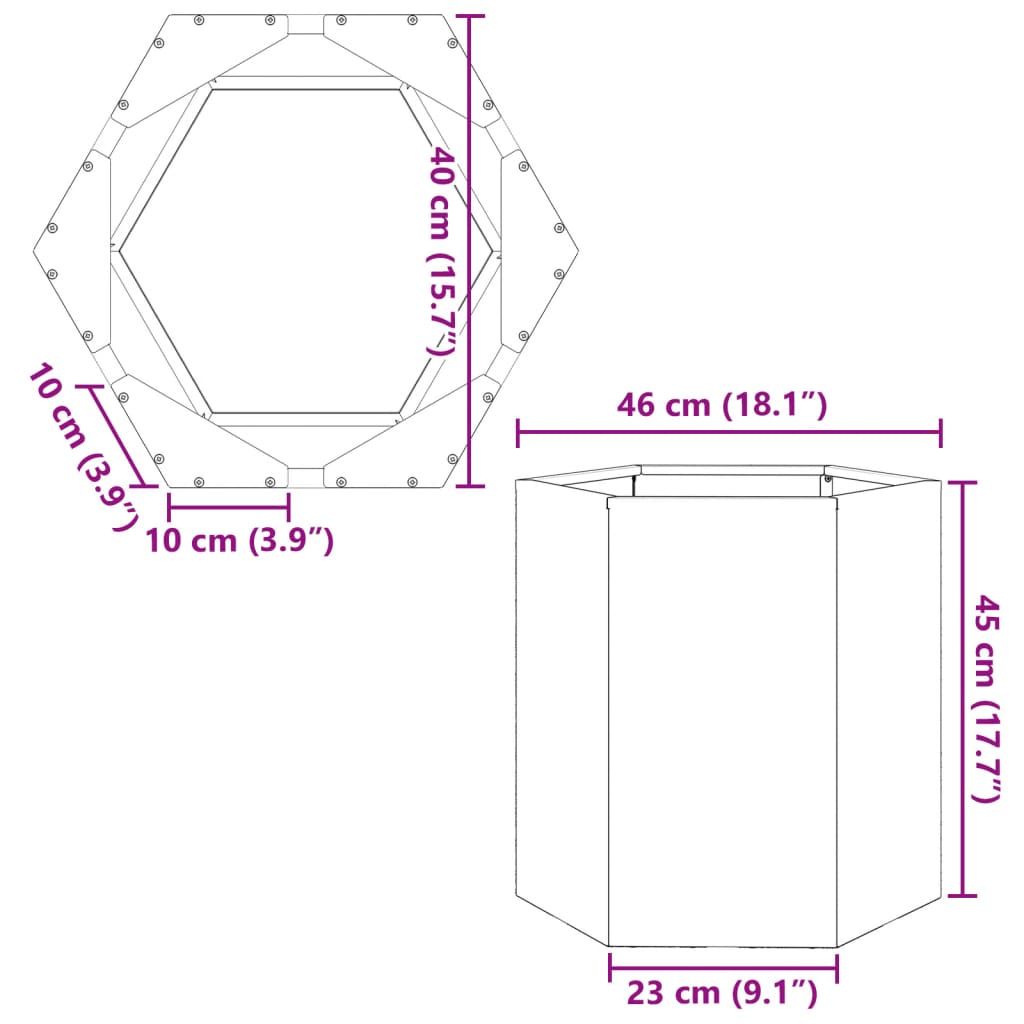 vidaXL Jardinera hexagonal acero negra 46x40x45 cm