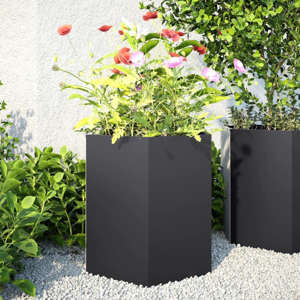 vidaXL Jardinera hexagonal acero negra 46x40x45 cm