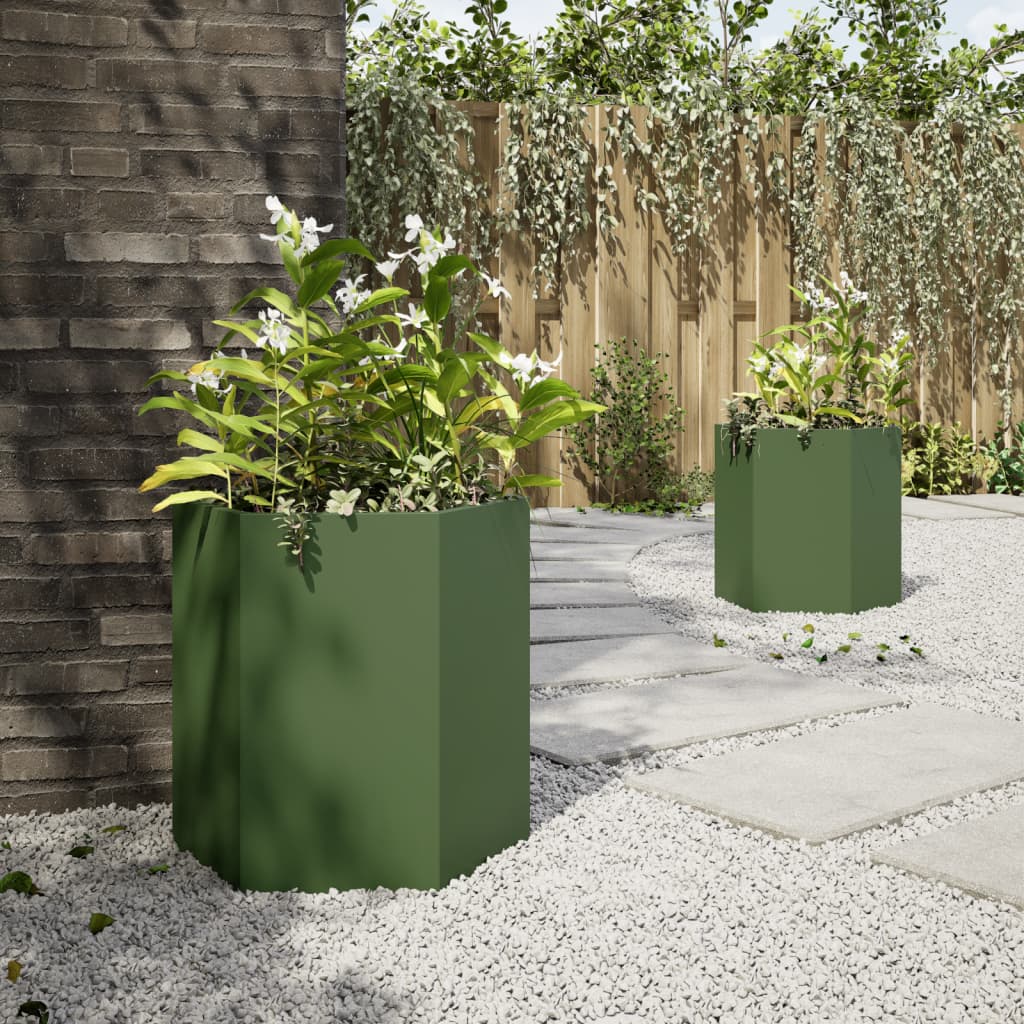 vidaXL Jardineras hexagonales 2 uds acero verde oliva 46x40x45 cm