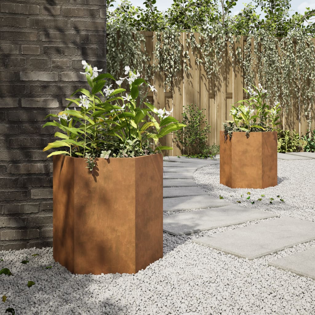 vidaXL Jardinera hexagonal 2 uds acero oxidado 46x40x45 cm