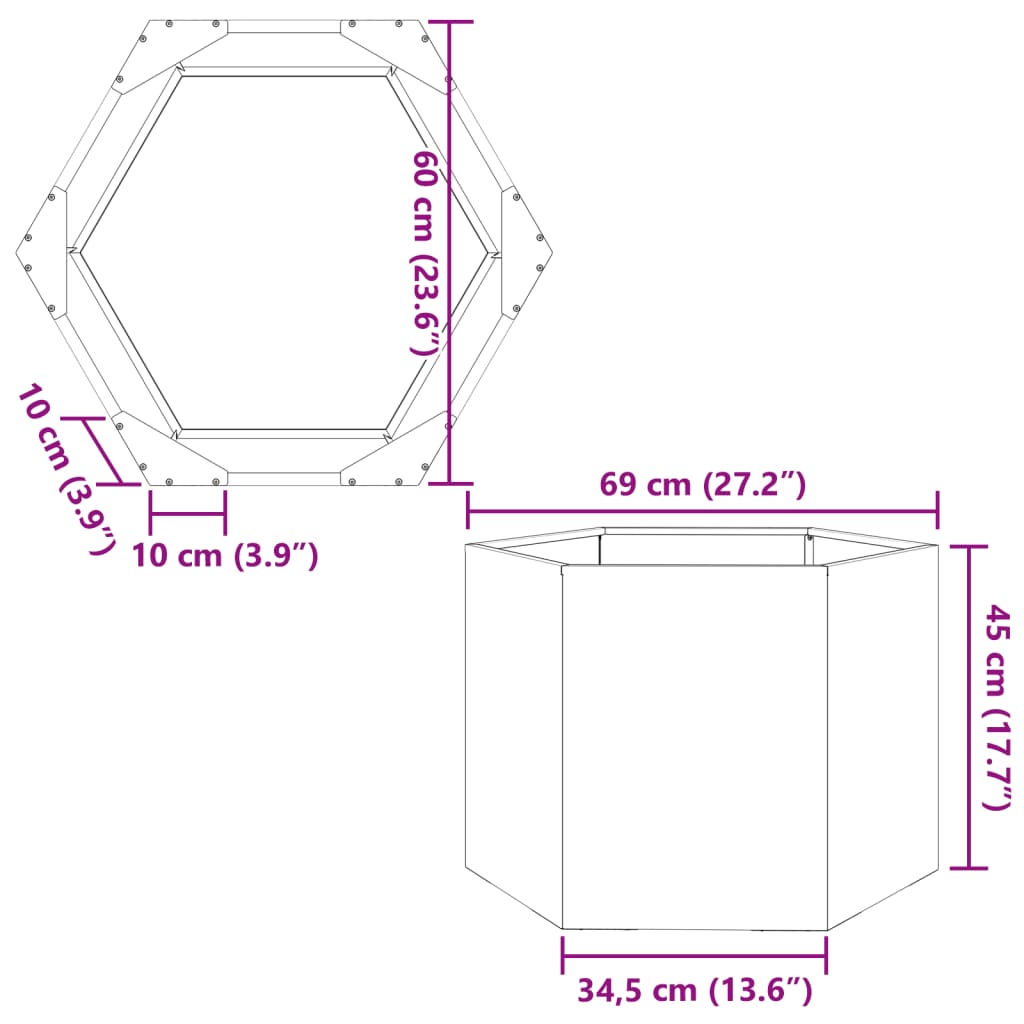 vidaXL Jardinera hexagonal acero negra 69x60x45 cm