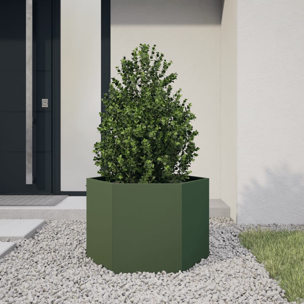 vidaXL Jardinera hexagonal de acero verde oliva 69x60x45 cm