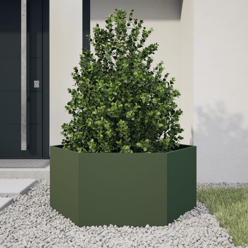 vidaXL Jardinera hexagonal de acero verde oliva 104x90x45 cm