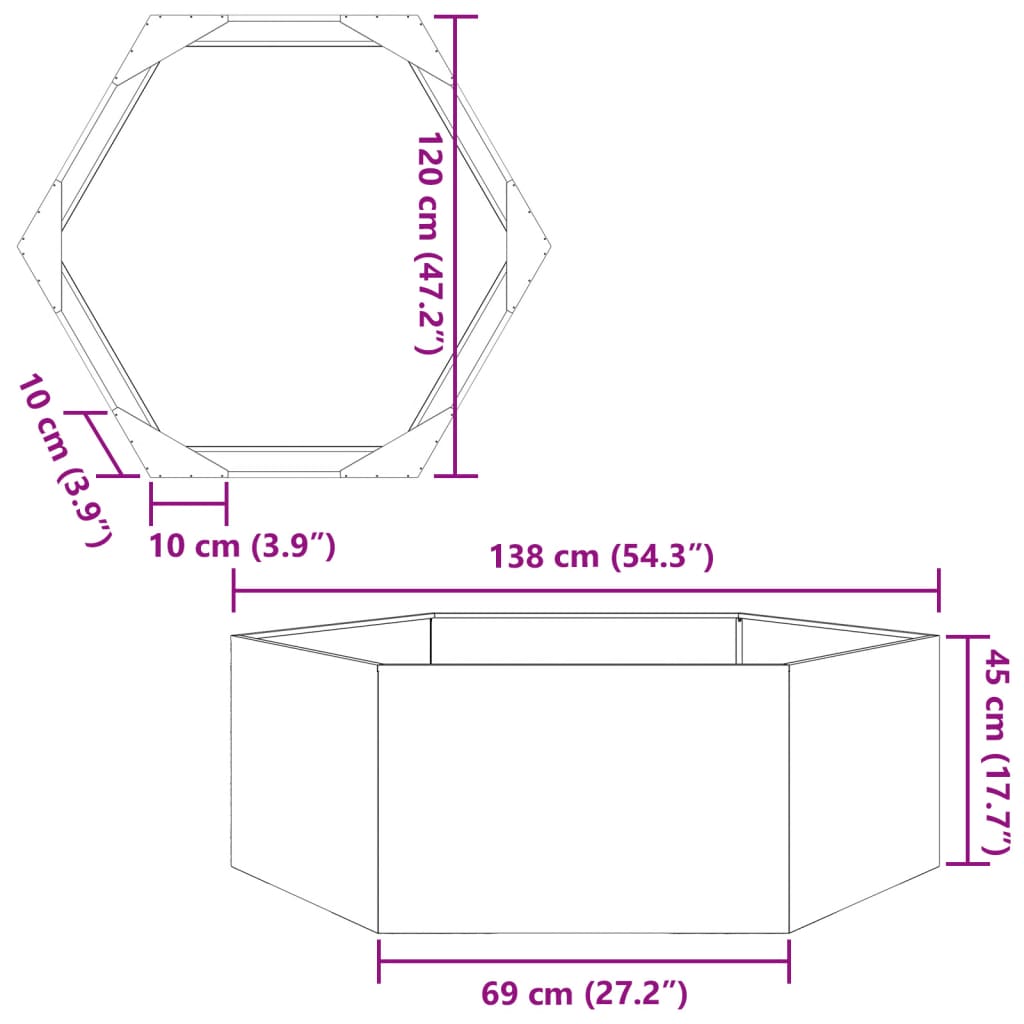 vidaXL Jardinera hexagonal acero negra 138x120x45 cm